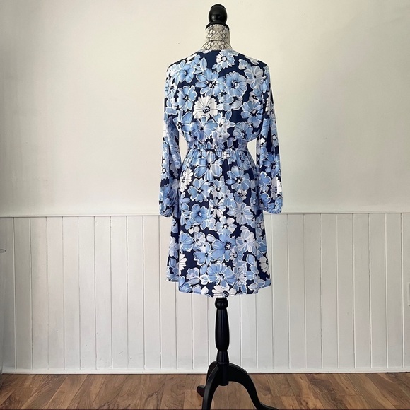 Old Navy Blue Floral Deep V-Neck Faux Wrap Long Sleeve Dress Size S - Picture 7 of 11